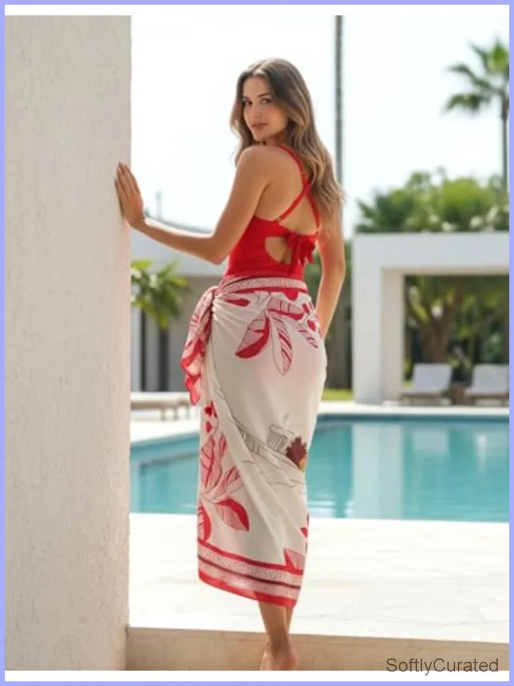 One Piece Swimsuit Wrap Skirt Set Tummy Control V-Neck Adjustable Straps Beach